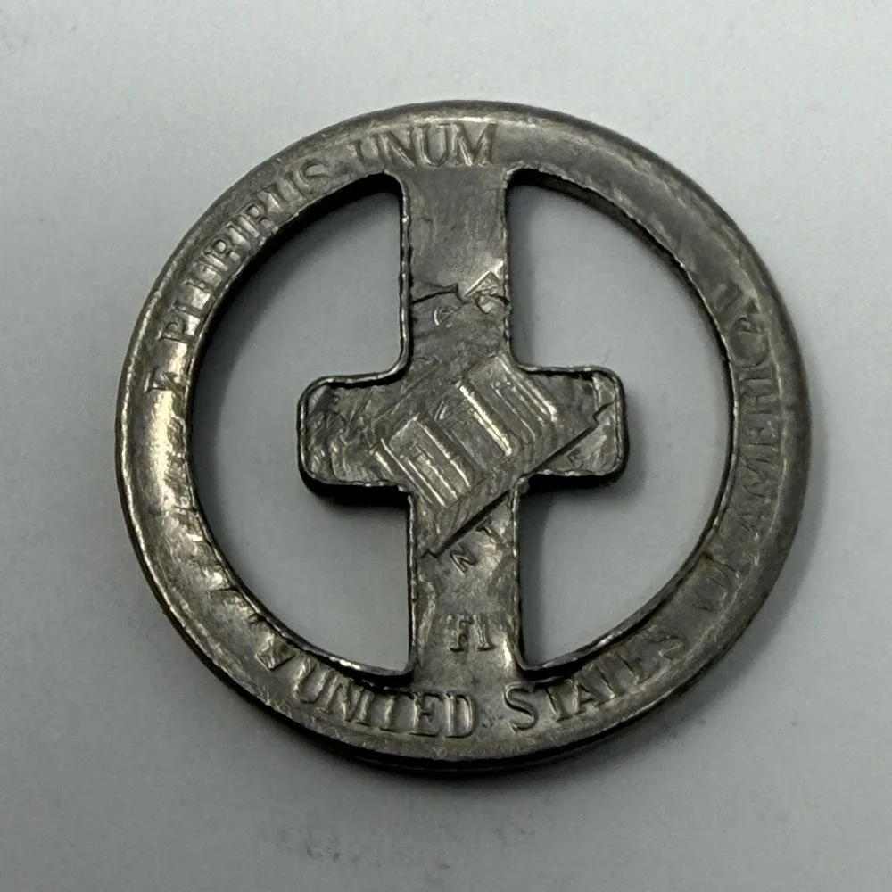 1984 Jefferson Cut Out Cross Nickel Coin
